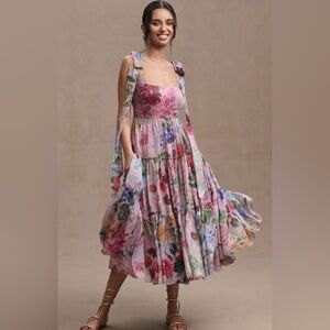 Anthropologie Pink and Purple Ruched Tiered Maxi Dress